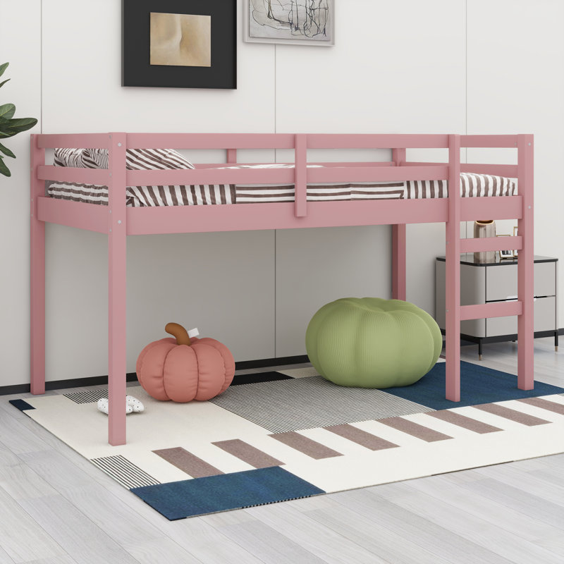 Structure de lit en bois massif avec échelle, support en lattes de bois, Rose