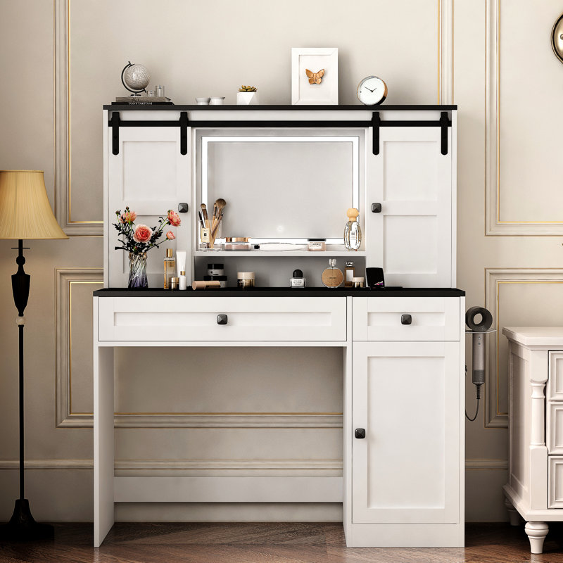 Coiffeuse de 43 po de largeur, avec miroir éclairé et armoire réglable, meuble-lavabo blanc, porte-séchoir à cheveux, maquillage