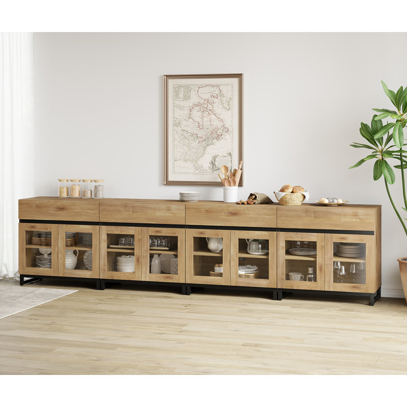 4 In 1 Multifunctional Sideboard Buffet Cabinets With 8 Glass Doors And 4 Drawers, Modern Sideboard Credenza With Metal Base, Coffee Bar Storage Cabinet For Living Room, Kitchen