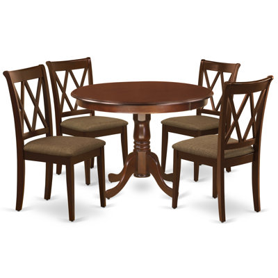 5 Piece Dining Room Table Set Includes a Round Dining Table with Pedestal and 4 Linen Fabric Chairs, Mahogany