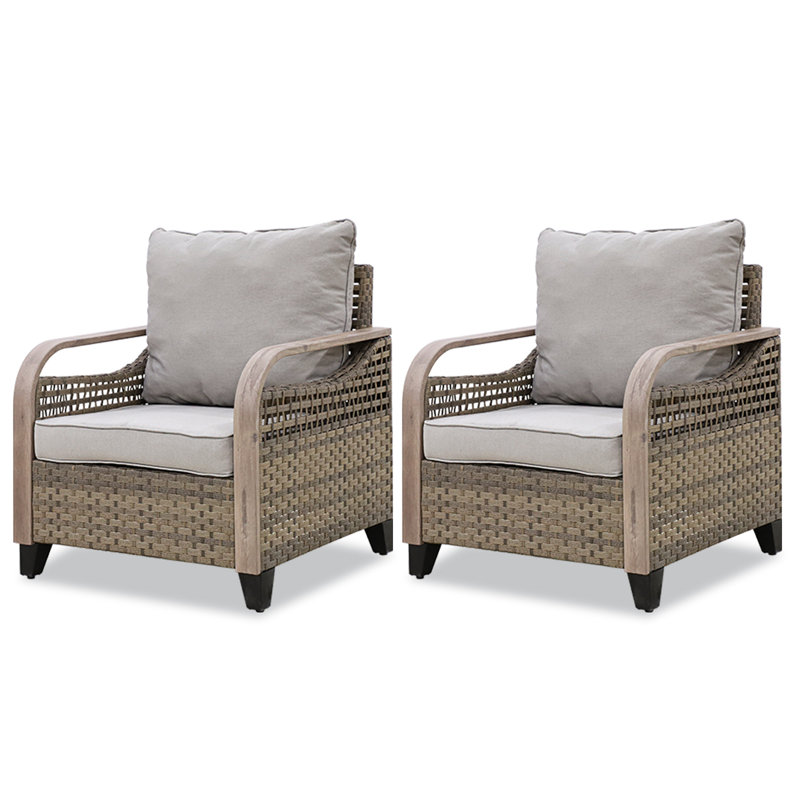 Gray Wicker Outdoor Armchairs with Cushions, Set of 2