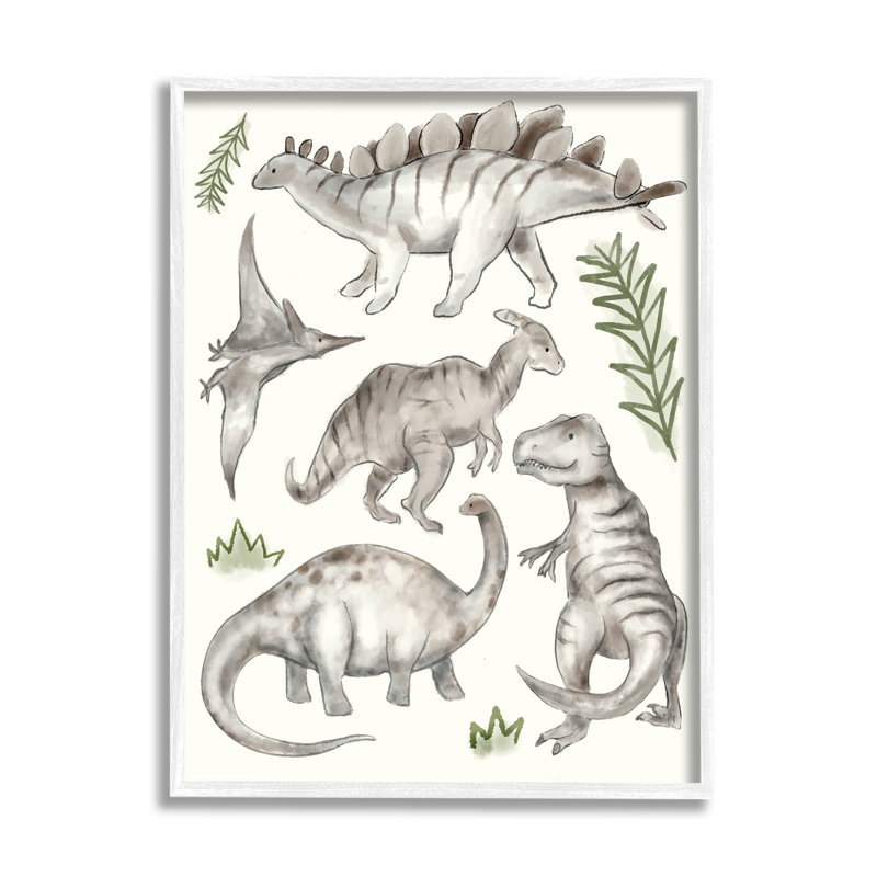 Dinosaures gris ludiques, plantes vertes minimes, Giclée encadrée blanc bord de mer, H 20 po x l 16 po