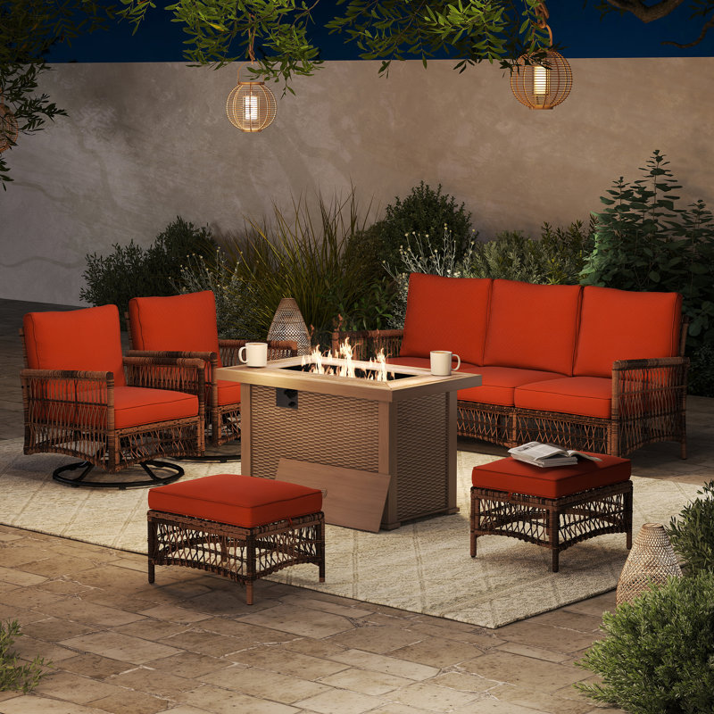Ashjian Wicker Patio Conversation Set with Fire Pit Table, Yes, Red