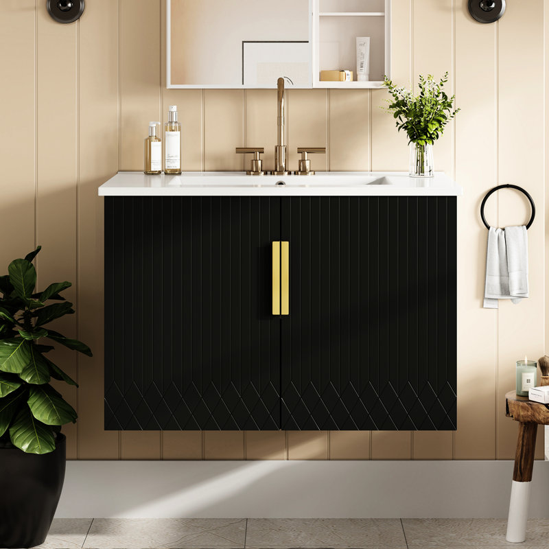Meuble-lavabo de 30 po, lavabo simple en céramique à 3 trous, 2 portes à fermeture douce, tablette réglable et bois massif, lavabo à fixation murale, rangement à double porte, protection contre le débordement,