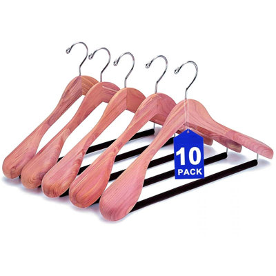 10 Pack American Red Cedar Wood Coat, Suit Hangers with Extra Wide Shoulder, Wooden Jacket Clothes Hanger Smooth Deluxe Aromatic Natural Cedar with Non Slip Velvet Pant Bar