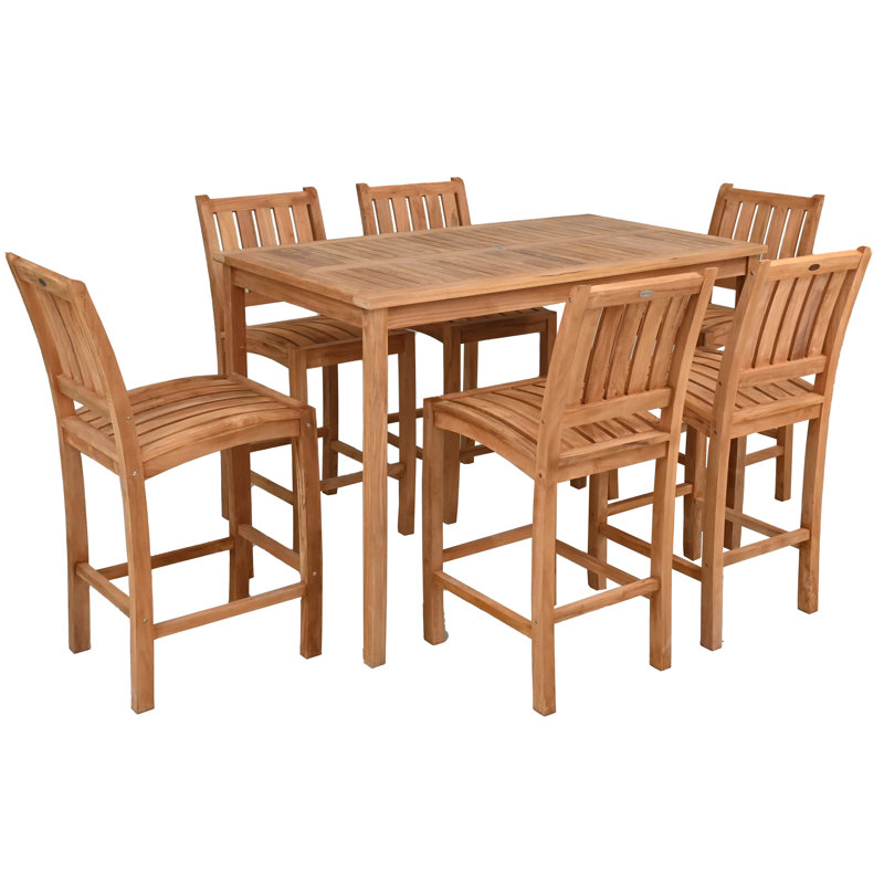 Teak Wood Bistro Bar Set Including Rectangular Table And Abacho Barstools, 6, 43" H x 63" L x 35.5" W