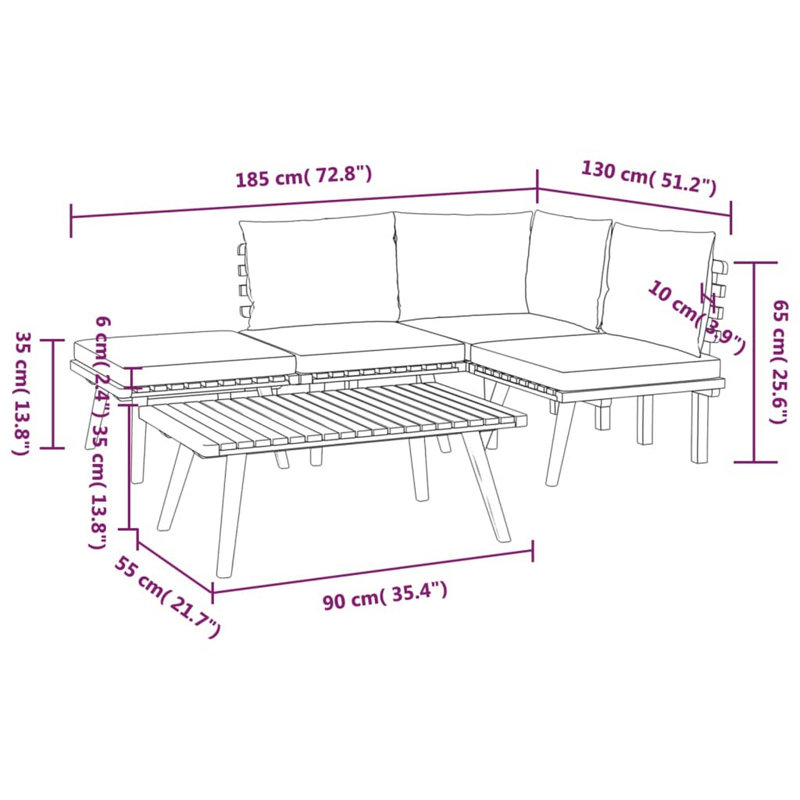 Roma 5Pc Outdoor Modular Sofa Set, Table, Acacia Wood, Grey, White