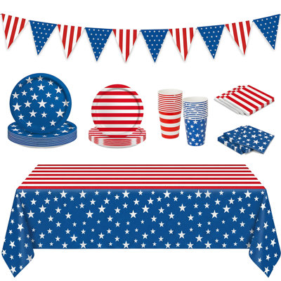 Ensemble de vaisselle Patriotic 4 juillet pour enfants - assiettes jetables rouges, blanches, bleues, serviettes, serviettes de table, nappe, rayures, drapeau américain, jour commémoratif, barbecue, jour de l'élection
