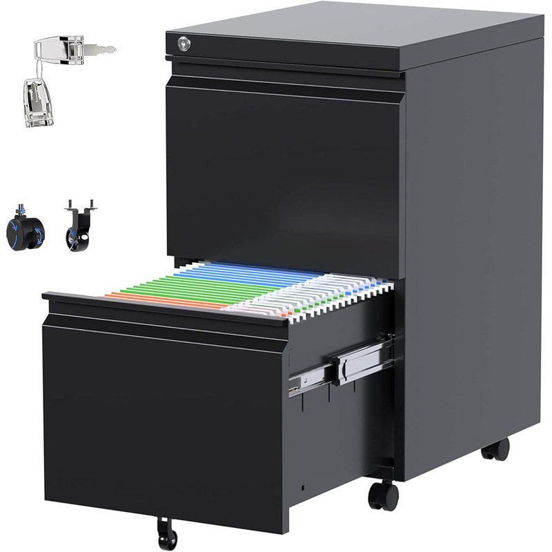 Metal 2 Drawer Mobile File Cabinet with Lock, Featuring simple stylish Filing Cabinet, 25.6''H Letter Size Files Storage Cabinet,Black