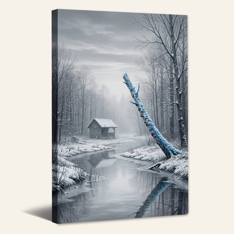 Impression sur toile Snowy Forest Stream avec Blue Lichen Log, H 24 po x l 16 po