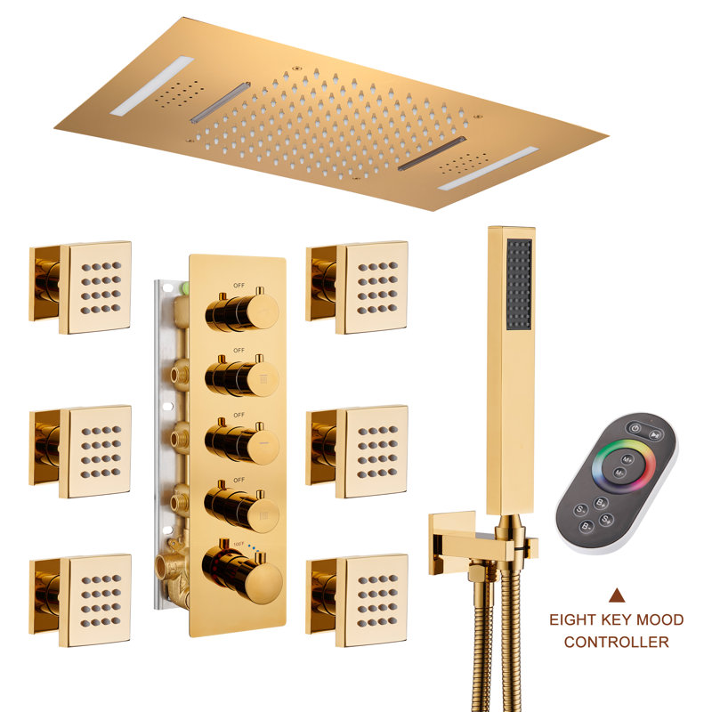 Luxury Gold Ceiling Mounted Dual Shower System with LED and Bluetooth Speaker