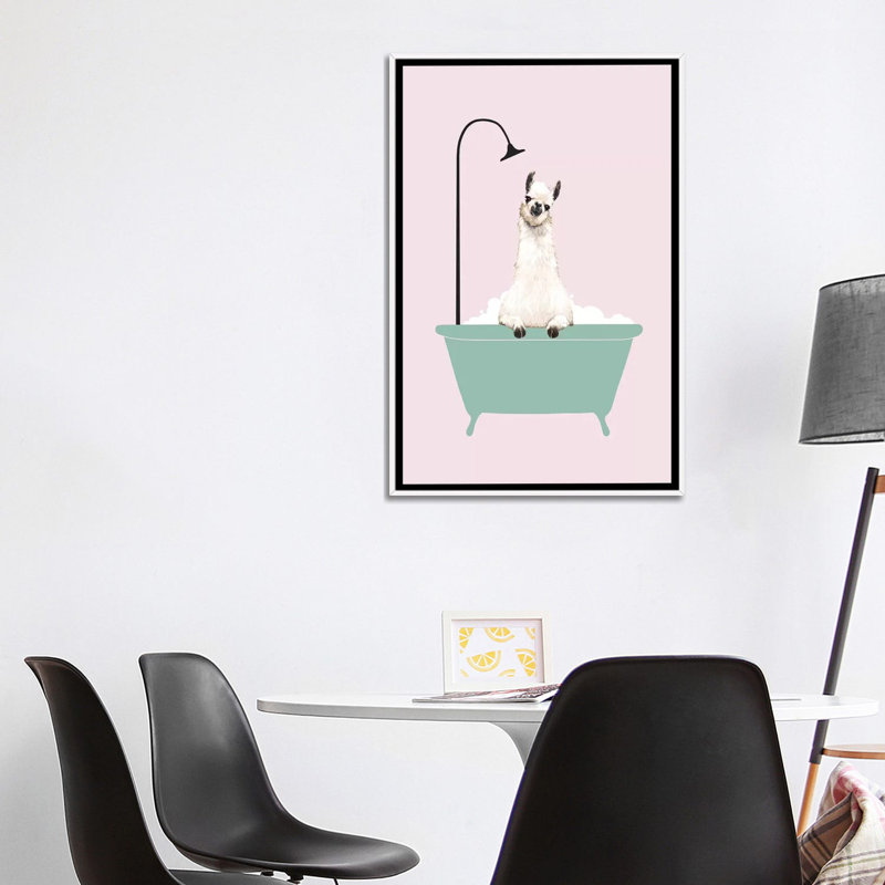 Lama profitant d'un bain moussant, H 40 po x l 26 po x P 1,5 po, Toile blanche encadrée