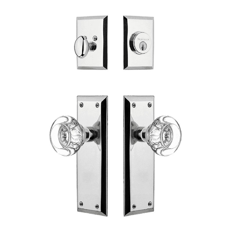 Ensemble d'entrée Nostalgic Warehouse New York avec poignée ronde en cristal transparent, Chrome brillant, 2.375