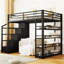 Lit mezzanine double en métal avec tablettes de rangement