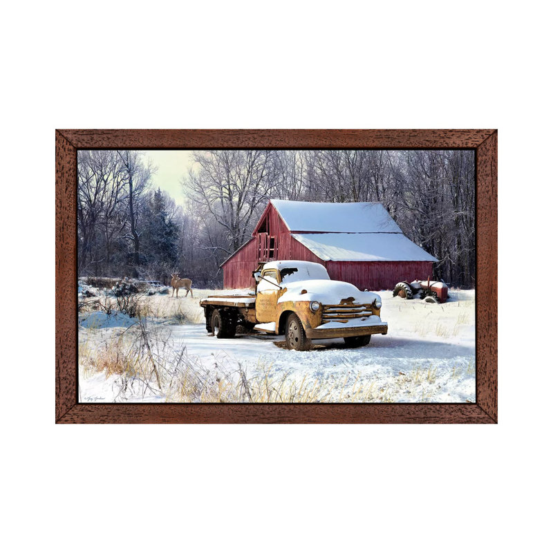 Winter Truck - Print on Canvas, 66.04 cm H x 45.72 cm W, Brown Floater Framed
