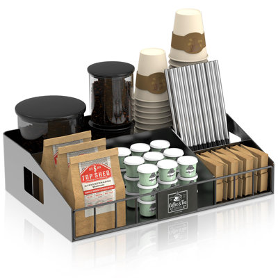 Metal Coffee Station Organizer For Countertop - Coffee Bar Organizer With Designable DIY Logo, K Cup Pods Holder & Tea Condiment Storage - Rustic Breakroom Kitchen Decor In Black