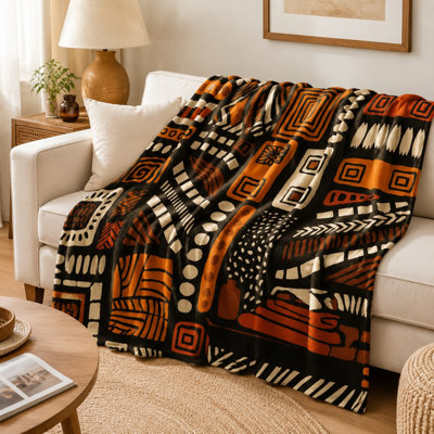 Cozy Flannel Fleece Throw Blanket - Geometric Pattern, Black Orange and Beige, Soft, Lightweight, Breathable, All‑Season, Skin‑Friendly, Machine Washable, Decorative, for Sofa, Couch, Bedroom and Living Room
