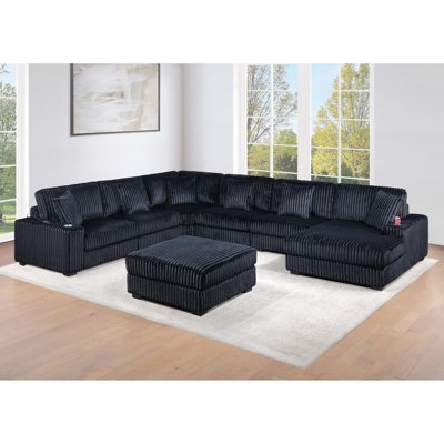 Contemporary Modern 7-PC Modular U-Sectional Sofa Set USB Cup Holder Black Finish Corduroy Living Room Furniture Couch