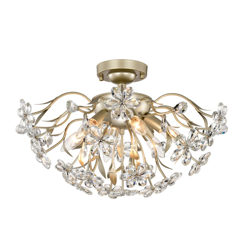 Silvia Brushed Silver-ish Champagne 6-Light 21.7" Daisy Flower Crystal Glass Flush Mount