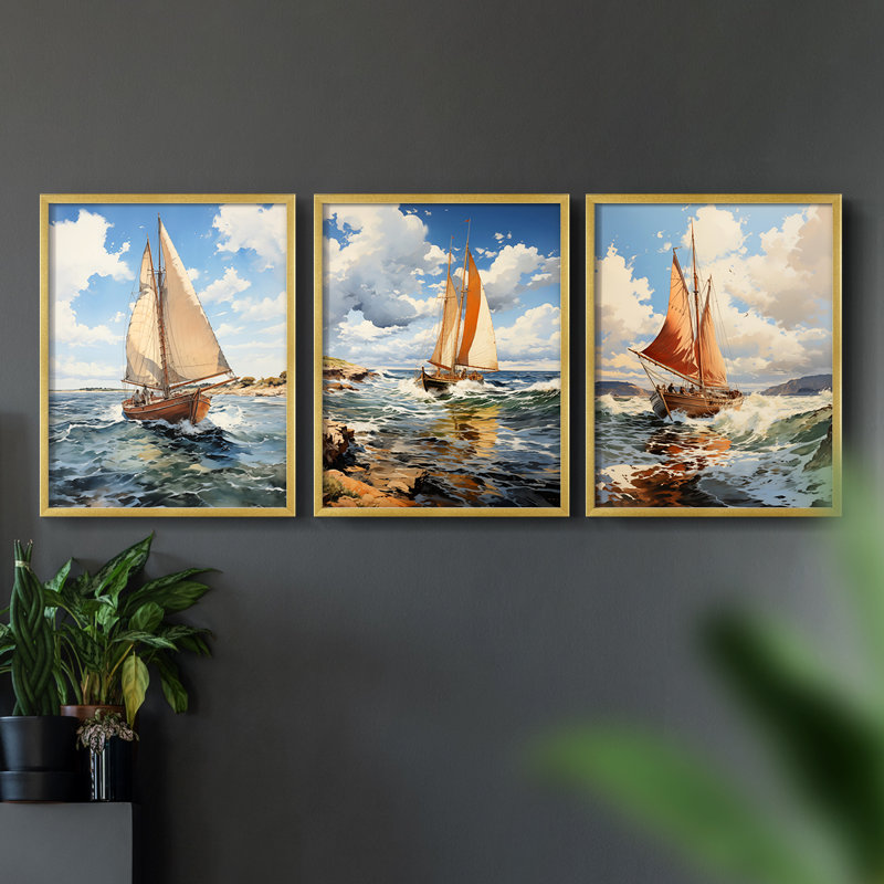 Série Sea and Shore LXV - Ensemble de 3 estampes numériques encadrées - Prêt à être accroché, Doré, H 28 po x l 22 po