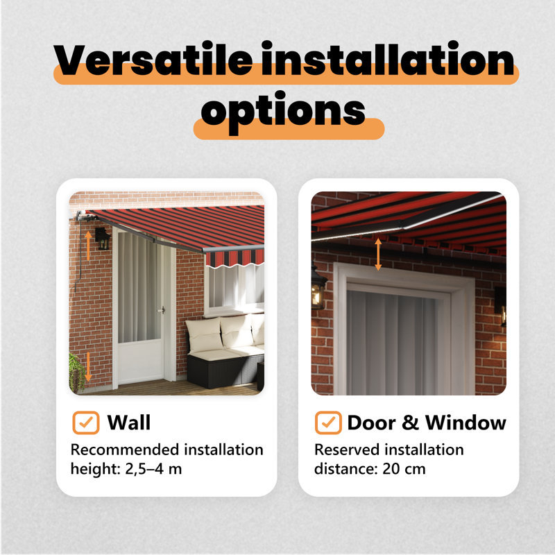 Brayden Studio Retractable Patio Awning, 400 cm W x 300 cm D, Orange/Brown Striped
