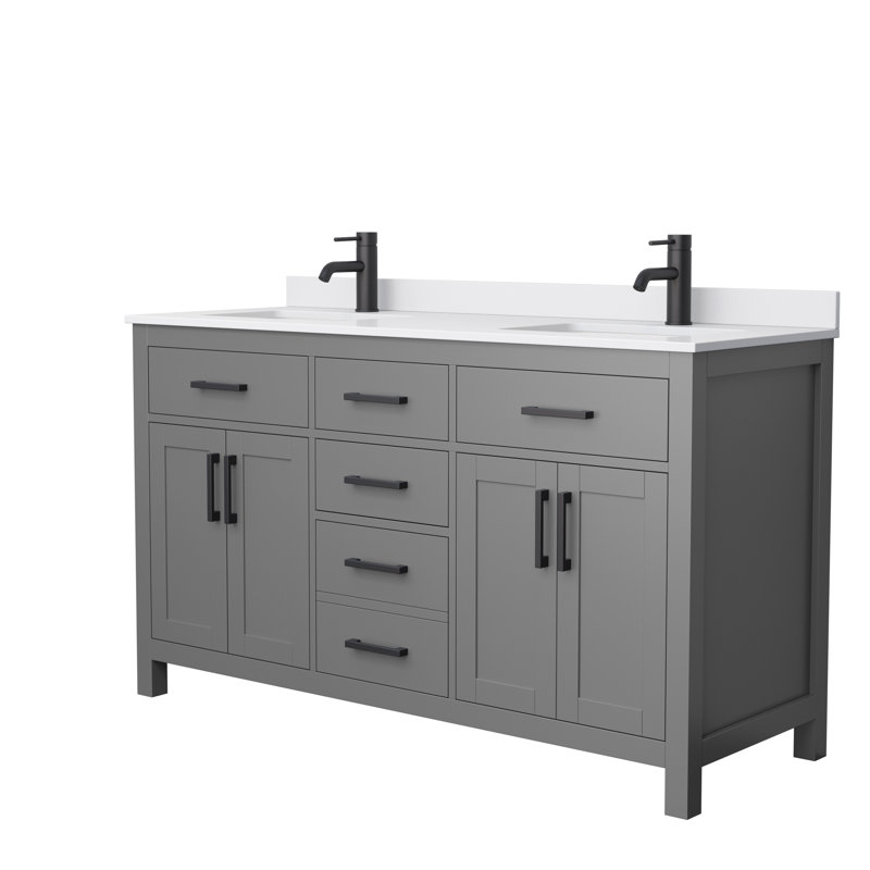 Beckett 60" Freestanding Double Bathroom Vanity with Cultured Marble Top, Dark Gray, White Cultured Marble, Matte Black