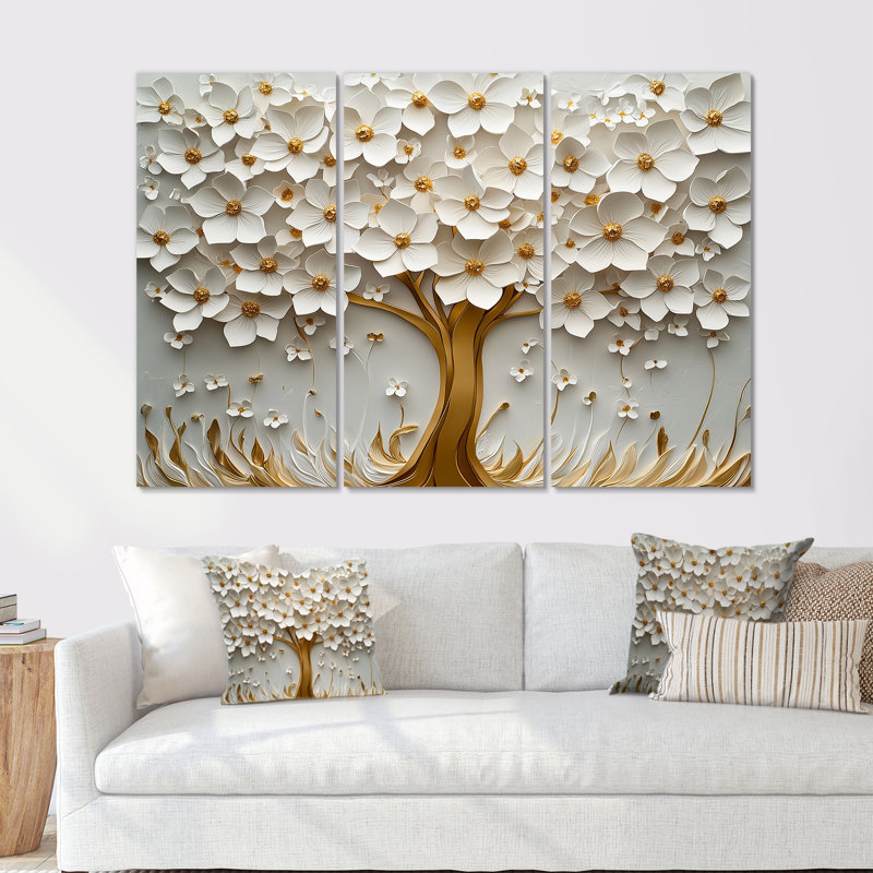 «White Basswood Blossoms Tree I», ensemble de reproductions d'art mural cerisier en fleurs, Toile tendue