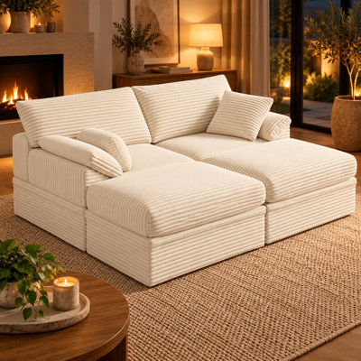 Beige 2-Seat Ribbed Upholstered Sofa with Two Ottomans