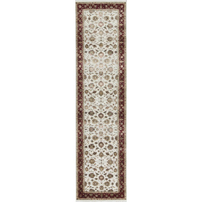 Hand-Knotted High-Quality Ivory and Red Runner
