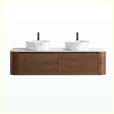 Meuble-lavabo 60 po en noyer avec lavabo double, ensemble de meuble-lavabo mural avec porte-serviettes gratuit, lavabos doubles en céramique de Carrare blanc, pré-assemblé, pour la salle de bain