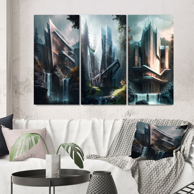 «Futuristic Architectural Brilliance», 3 pièces sur toile, Toile tendue, H 28 po x l 36 po