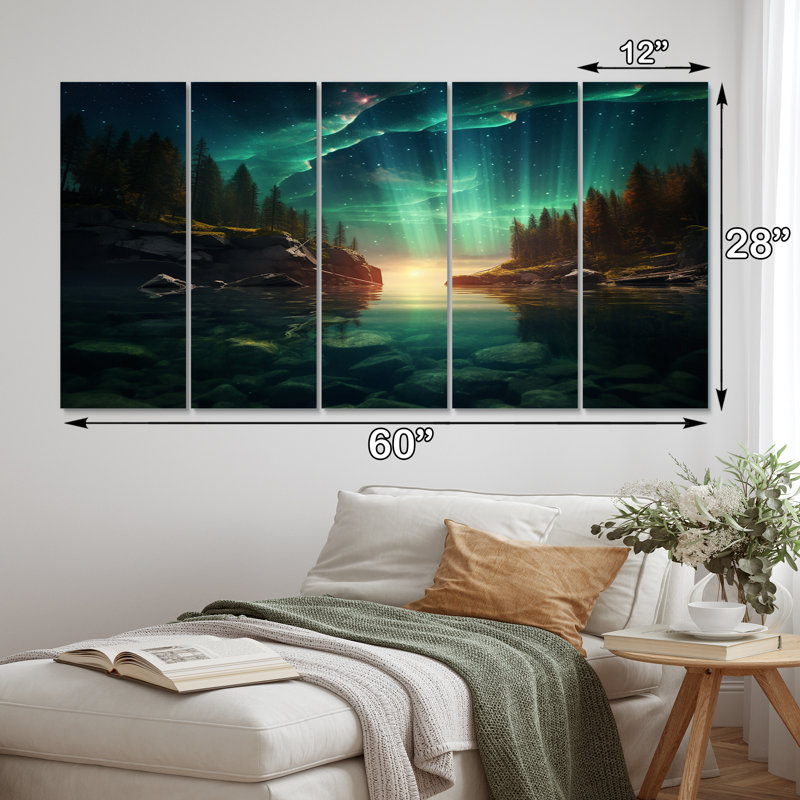 «Magical Lake Landscape Aurora Borealis I», reproduction d'art sur toile Northern Lights - 5 panneaux égaux