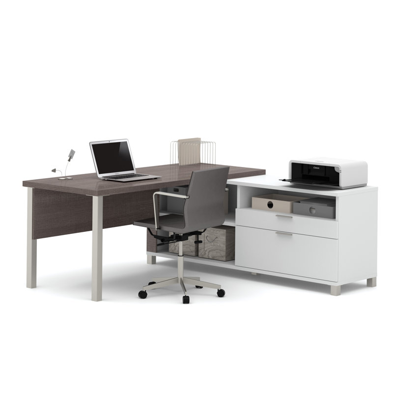 Oriano Office Set with Metal Legs, White/Bark Gray, 2-Piece (Computer Desk, Credenza)