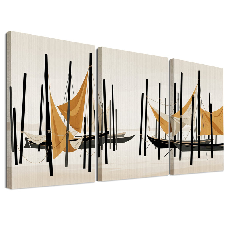 Ensemble de 3 toiles murales représentant des voiliers orange à hauts mâts noirs, 36"H x 24"W x 3pcs
