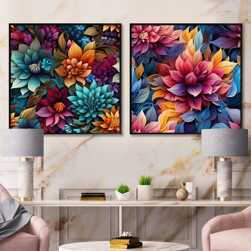 Bruyere - Ensemble de 2 collages carrés botaniques abstraits, Cadre flottant noir, H 16 po x l 33 po