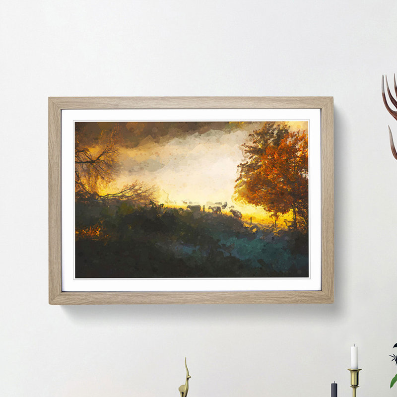 Sheep in Sweden in Abstract - Picture Frame Graphic Art Print, Oak, 60cm H x 91cm W x 2cm D