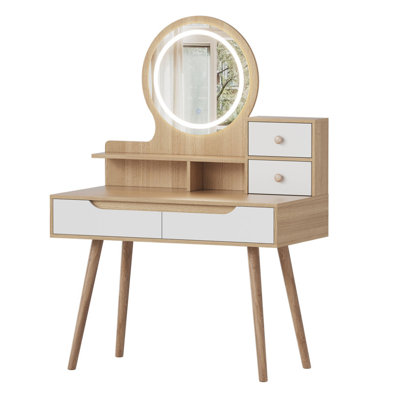 Meuble-lavabo avec 3 miroirs lumineux réglables avec pieds de table en bois massif, ensemble de coiffeuse avec 4 tiroirs et 3 tablettes ouvertes pour les petits espaces
