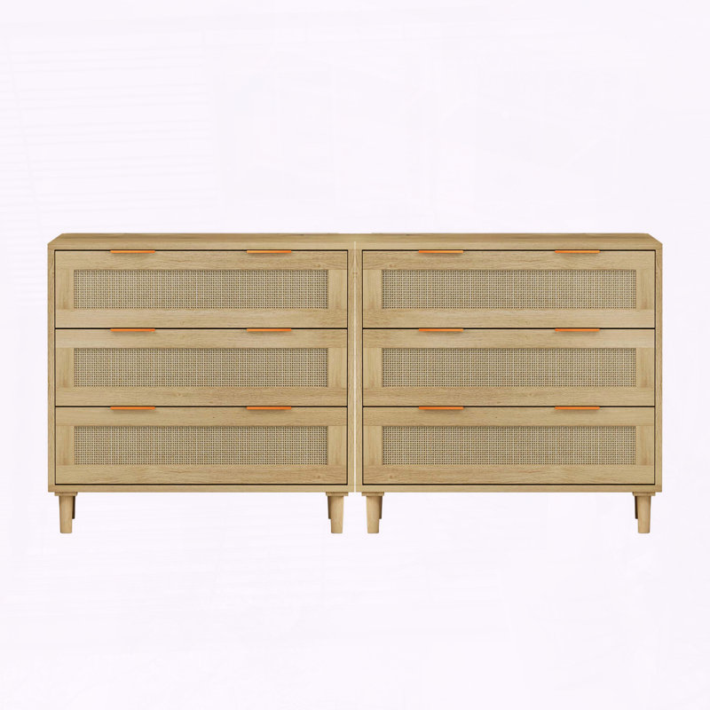 Set of 2 3-Drawer Rattan Storage Cabinets with Solid Wood Legs
