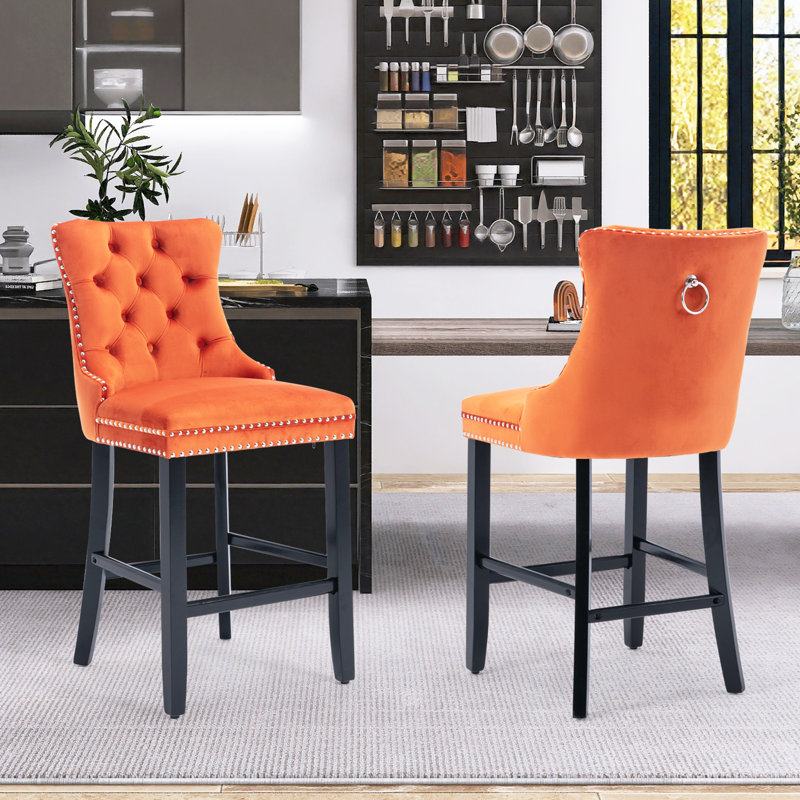 Upholstered Counter Stool with Solid Wood Frame, Black, Black