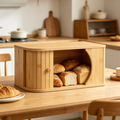 Bamboo Bread Box for Kitchen Countertop, Corner Bread Storage Container with Roller Door, Natural Wood Food Storage Cabinet for Bread, Snacks, and Fruits
