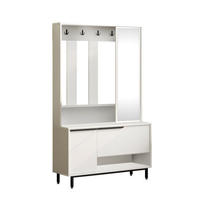 Modern Hall Stand with Metal Legs, White Finish, 40.2 x 70.2 x 14.0 inches | 100% Melamine Coated Particle Board, Thickness: 0.7 inches | Stylish Storage Solution for Entryway & Hallway, Durable & Elegant Design