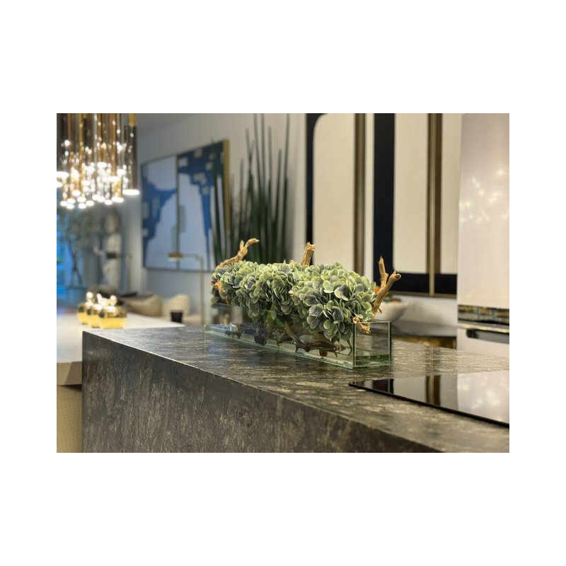 Hydrangea Centerpiece in Planter, Blue Green