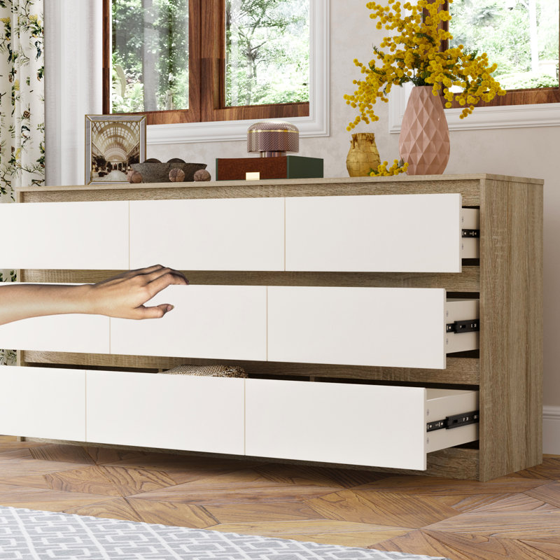 Commode 9 tiroirs Aurica, Blanc, bois