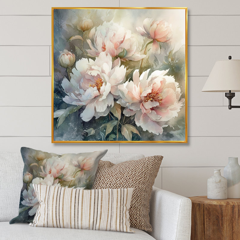 Pivoines roses et vertes sur une branche II - pivoines, art mural, H 16 po x l 16 po x P 1 po, Cadre flottant doré