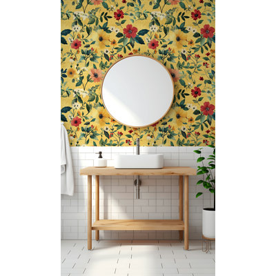 Papier peint floral, adhésif mural botanique jaune