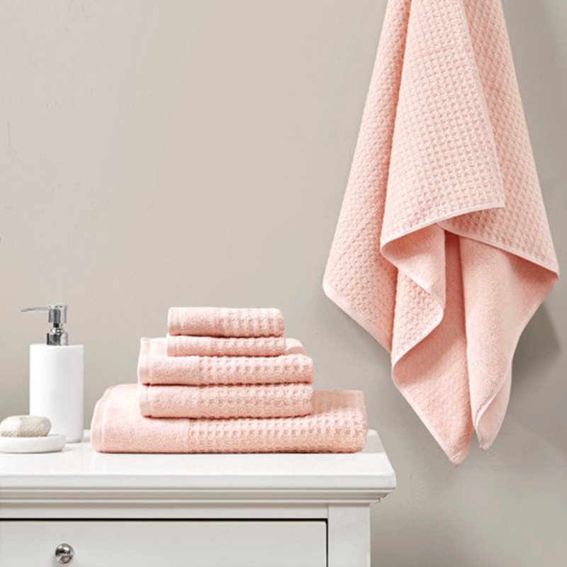 Dionne Cotton Waffle Jacquard Antimicrobial Bath Towel 6 Piece Set, Pink