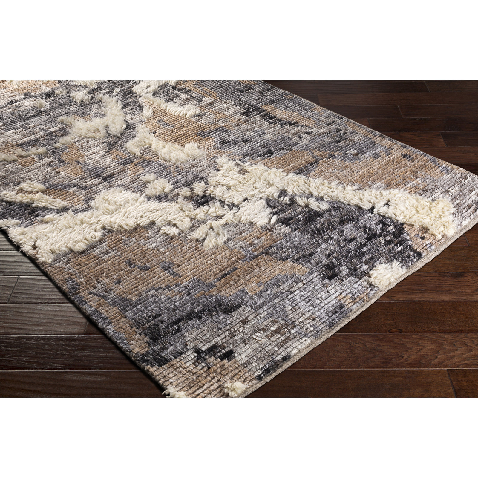 Zubi Dark Brown Cream Hand-Knotted Abstract Rug, Rectangle 10' x 14'