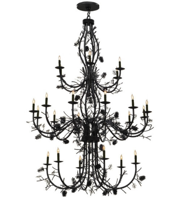 Lustre étagé 24 lumières façon bougie, Cuivre rouille de qualité supérieure, Pli de soie crème