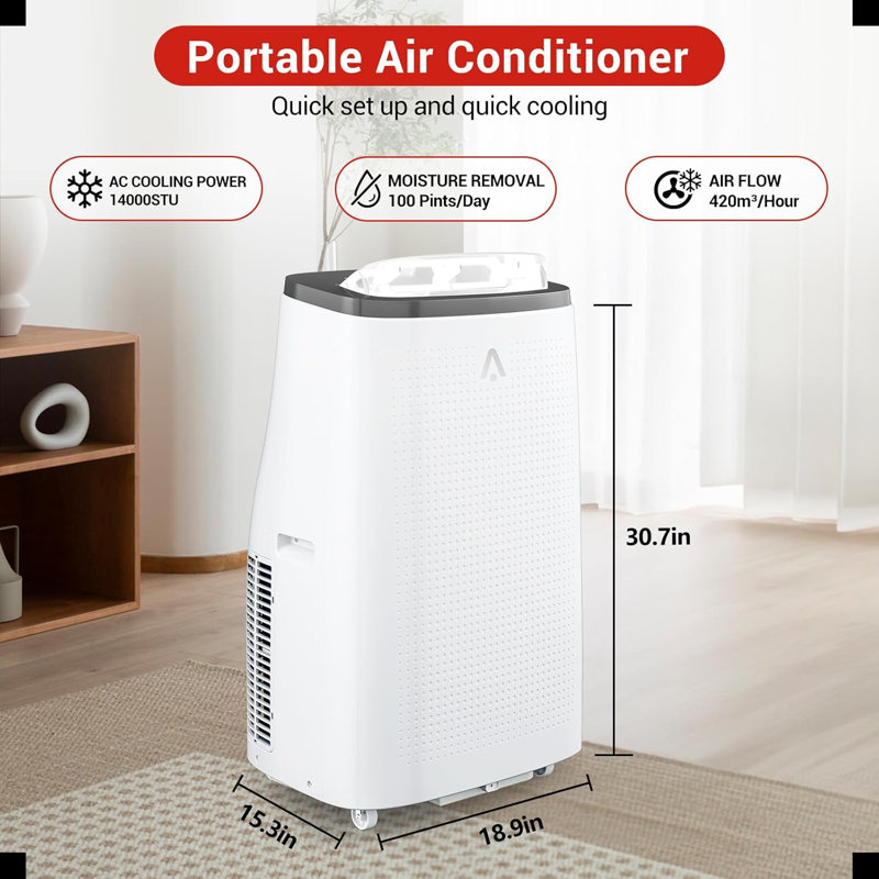 Zstar 14000 BTU Portable Air Conditioner for 750 Square Feet with Remote Included, Gray/White