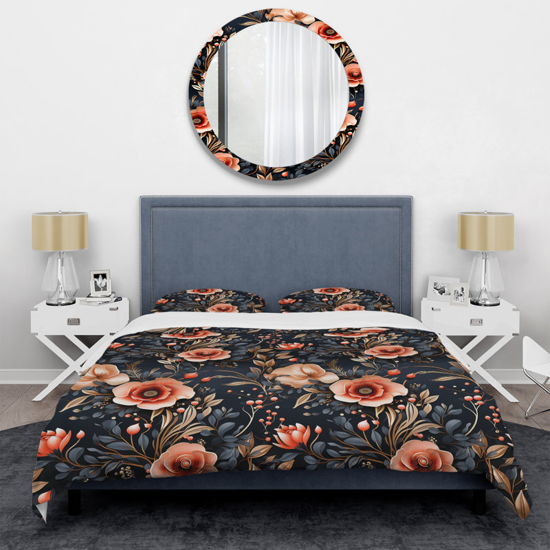 Ensemble de housse de couette rétro nostalgie pêche à motif floral I, Housse de couette simple + 1 taie décorative stan